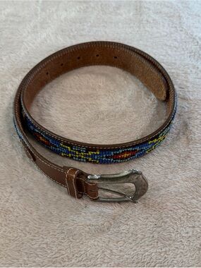 Brown Leather Women’s Beaded Belt with Blue & Yellow Accent 37” long
